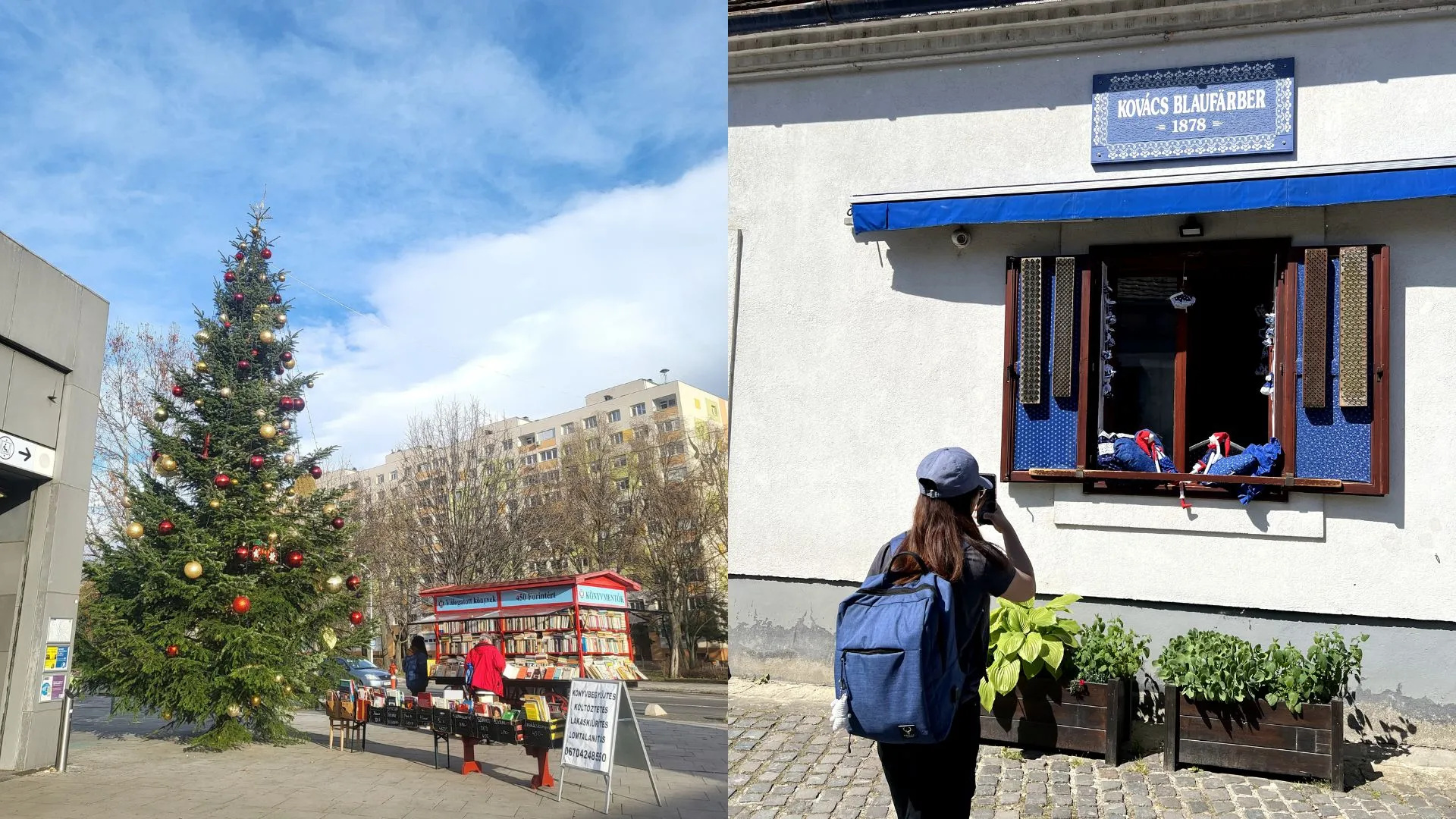 Budapest street scenery, seasonal outdoor markets, and traditional storefronts