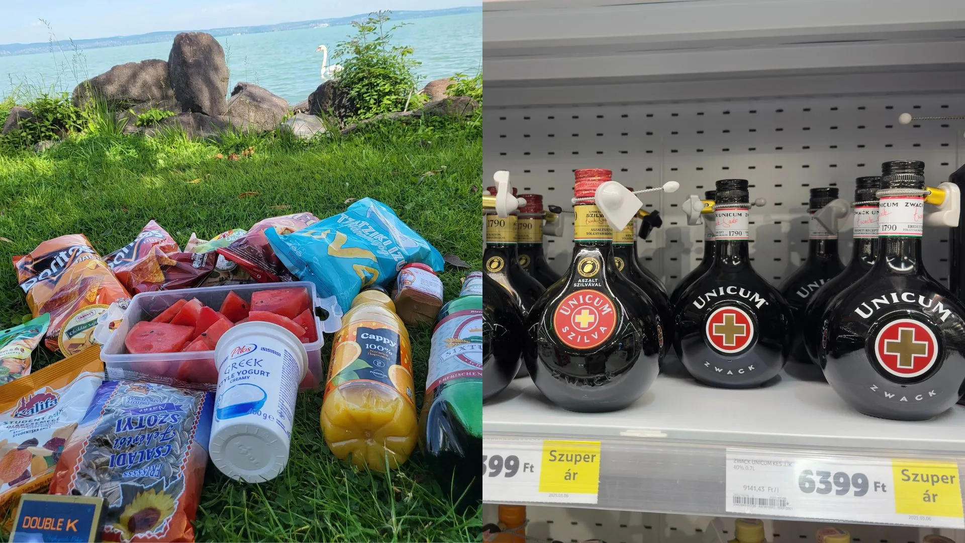 Common Hungarian consumer products, snacks and drinks on market shelves