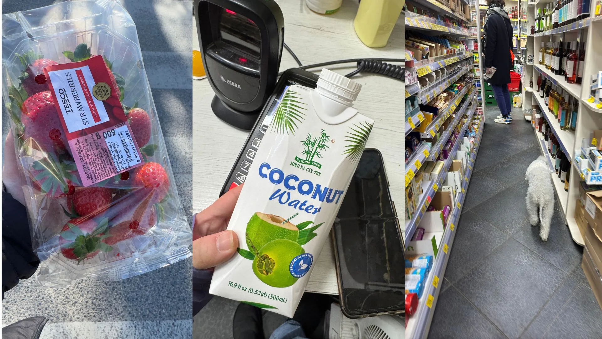Daily market routine, cashier barcode scanning, and grocery aisle customer interactions