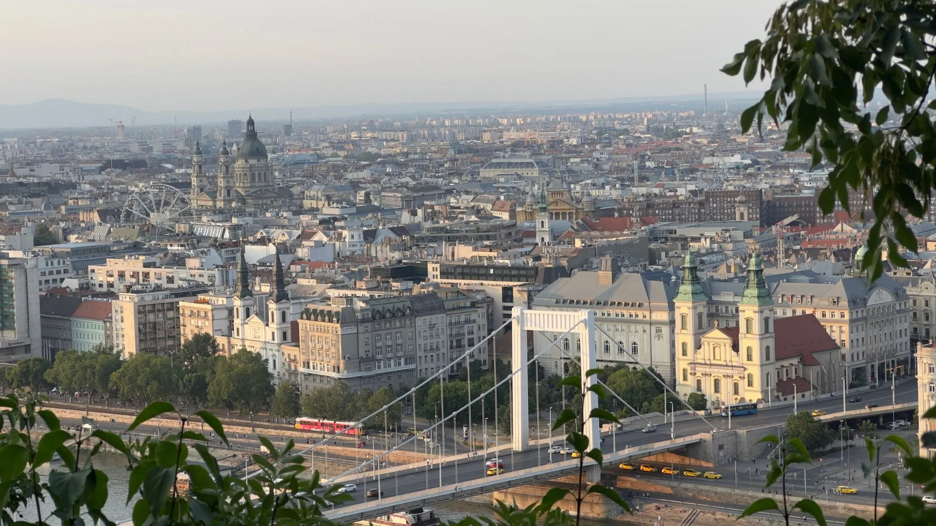 Panoramics of Budapest skyline, Erzsébet Bridge and Danube river